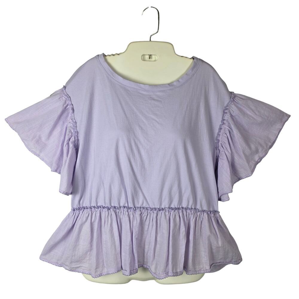 Anthropologie Lavender Peplum Top M Purple Ruffle Sleeve Babydoll Knit EUC